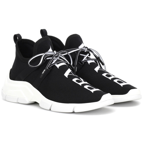 Prada XY Logo Sock Black White Knit Flat Lace Up Tie Pull On Trainer Sneaker 35 - Picture 3 of 12